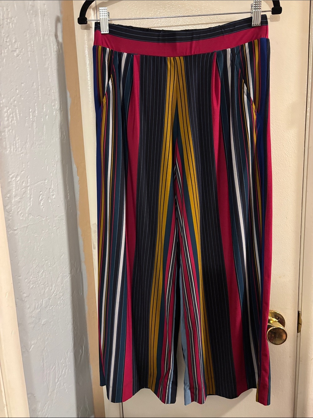 JohnPaulRichard Multicolor Vertical Stripe Kick Flare Pants with Magenta Trim